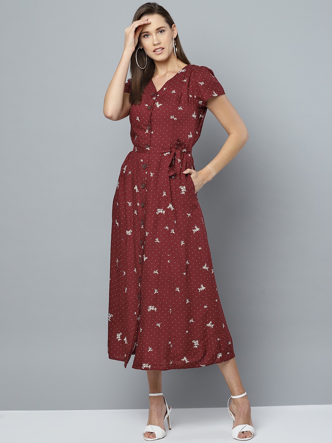 

Marie Claire Women Maroon & White Printed Maxi Dress