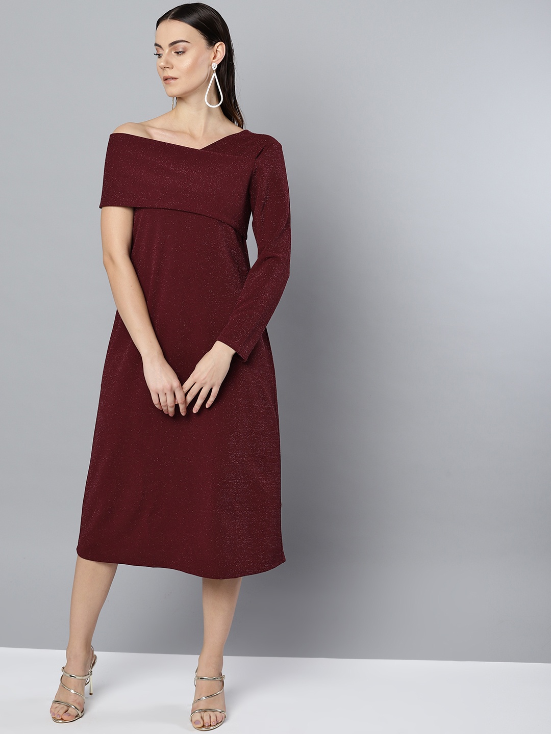 

Marie Claire Women Burgundy Solid One-Shoulder A-Line Dress