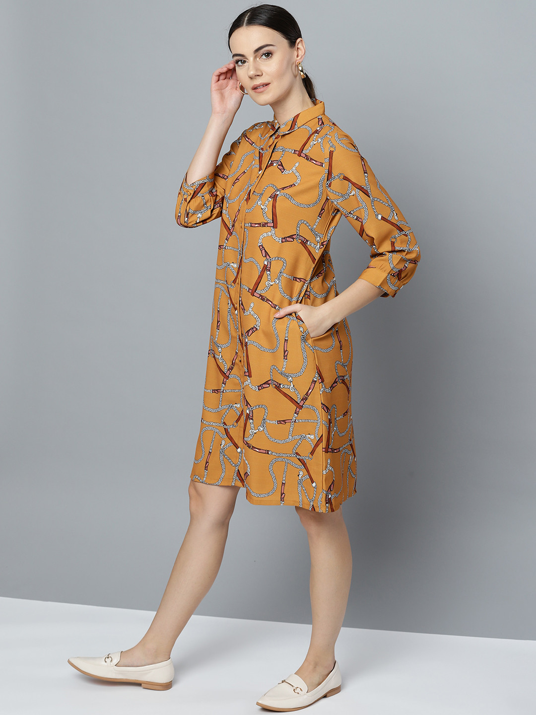 

Marie Claire Women Mustard Yellow & White Chain Printed Shirt Dress