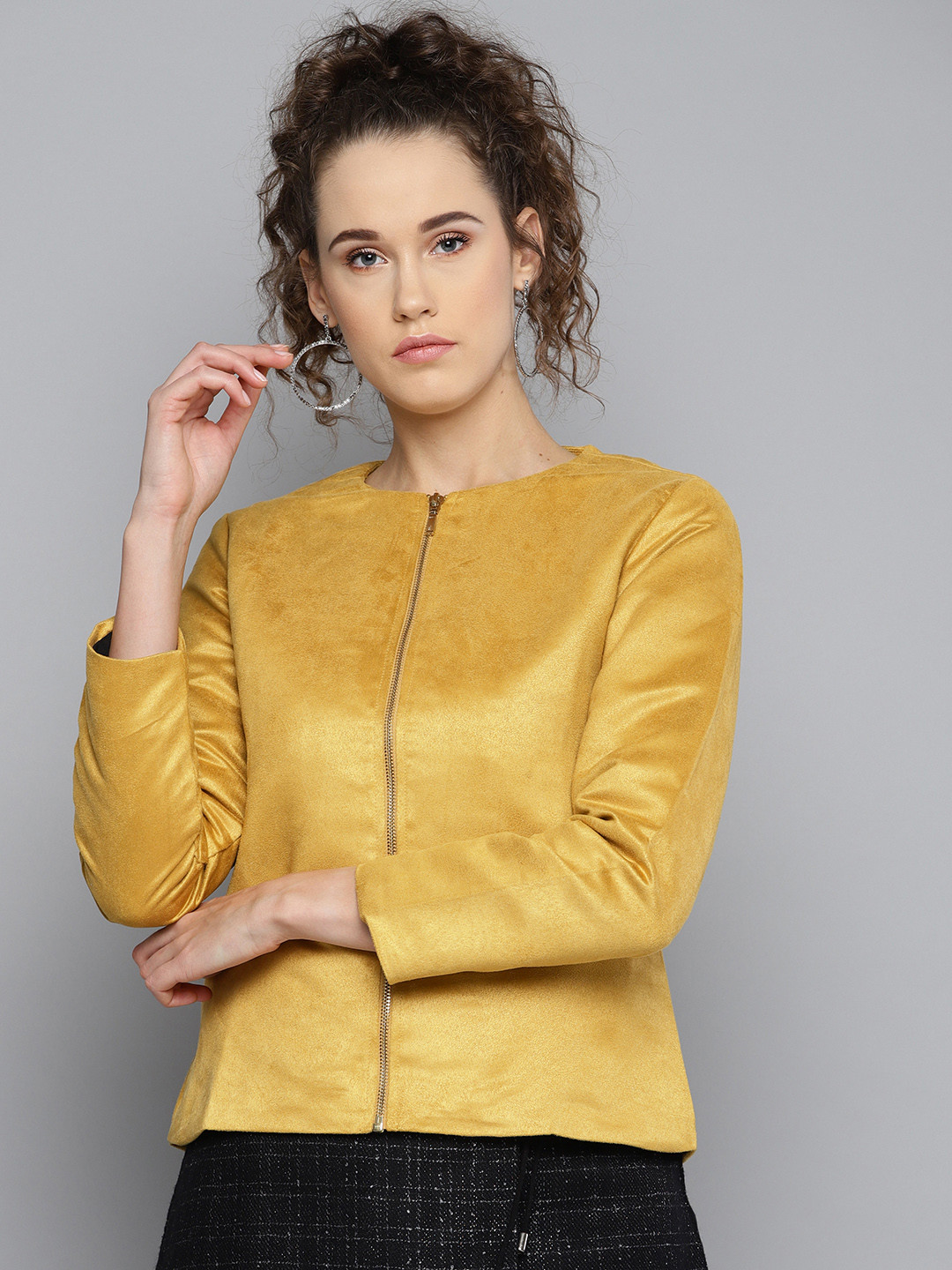 

Marie Claire Women Mustard Yellow Solid Leather Jacket
