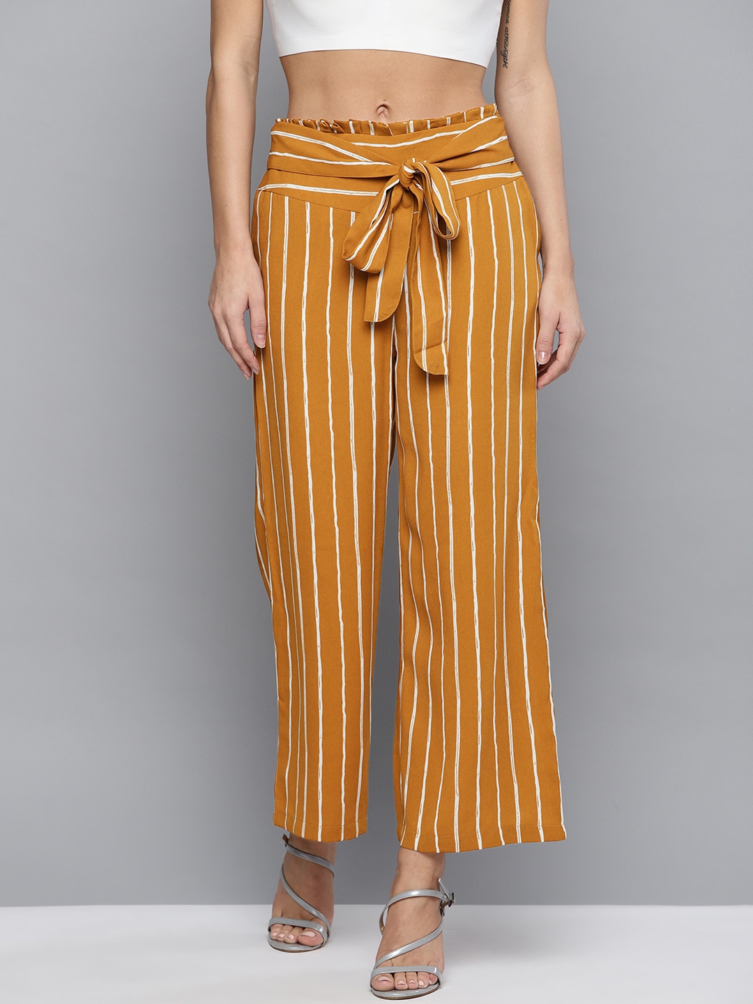 

Marie Claire Women Mustard Yellow & White Original Fit High Rise Striped Parallel Trousers