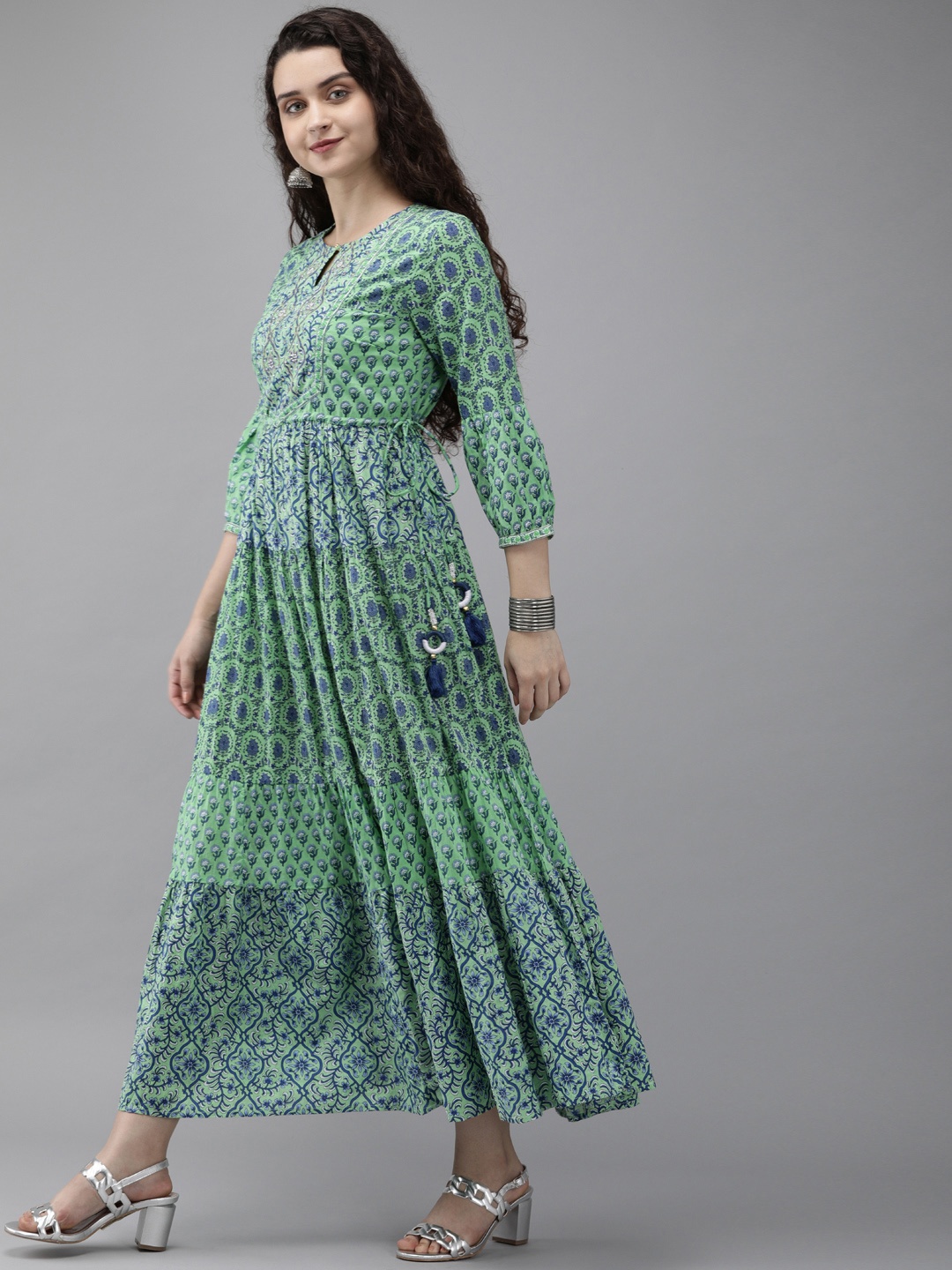 

Rain & Rainbow Women Green & Blue Printed Fit and Flare Dress With Embroidered Detail