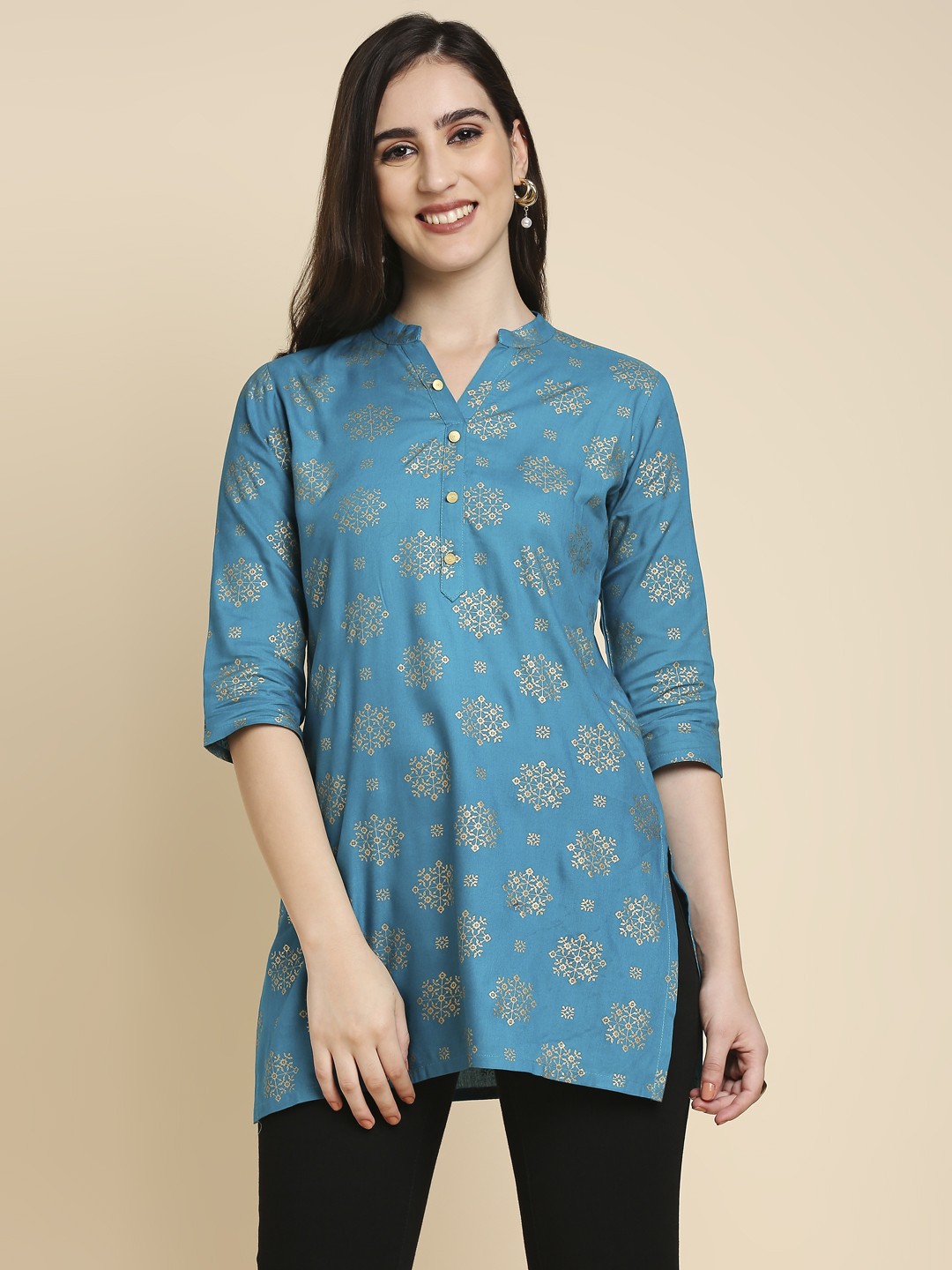 

Anubhutee Women Blue & Golden Printed Kurti