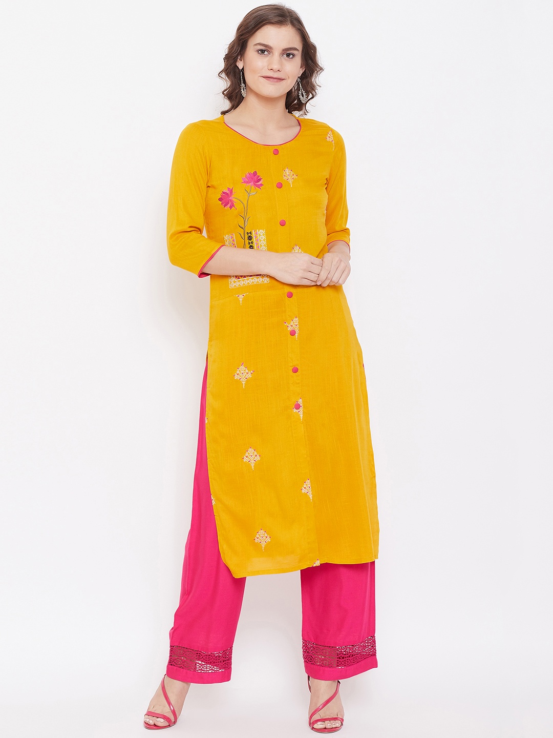 

Kurti's by Menka Women Yellow Embroidered Straight Kurta