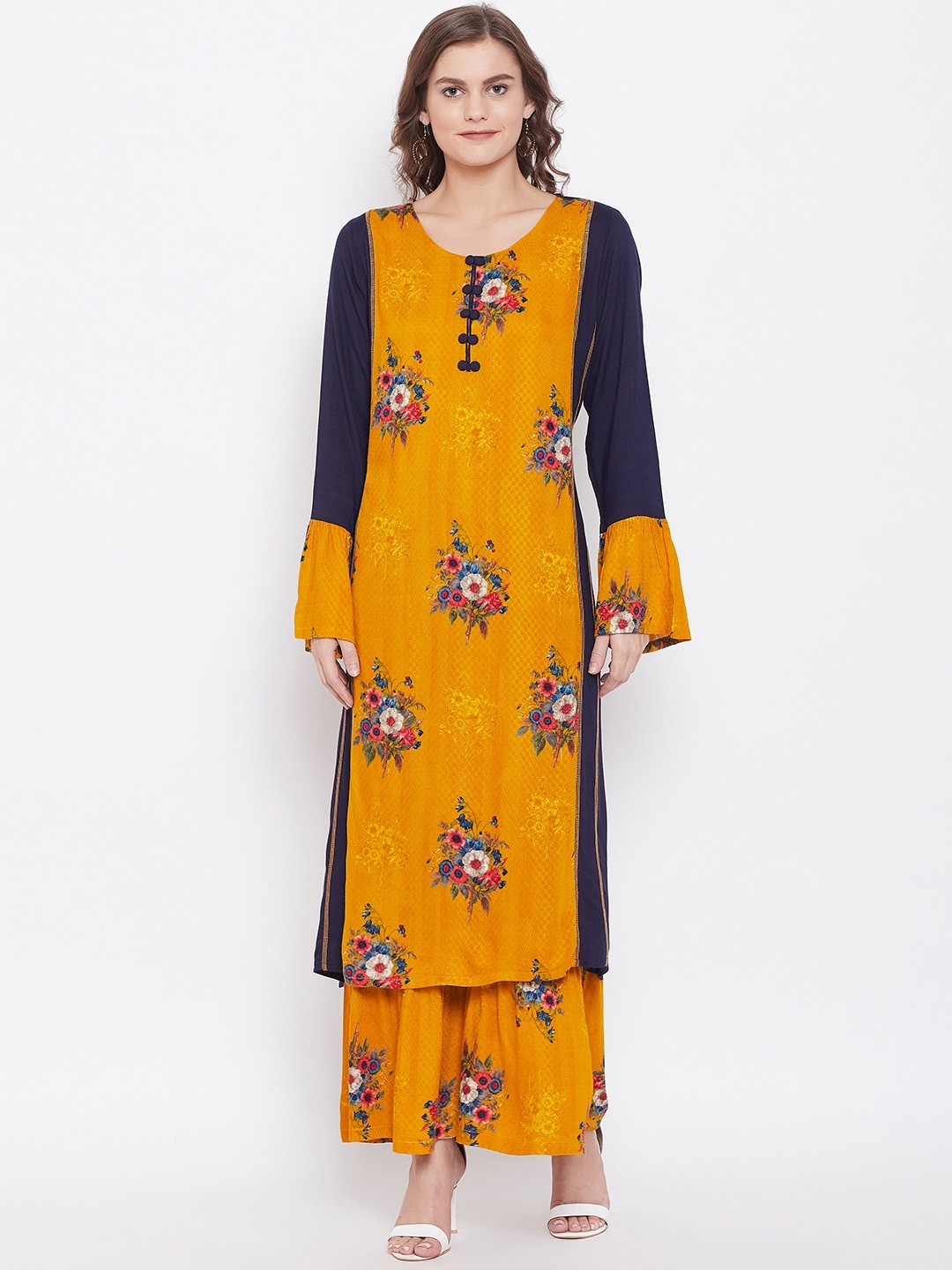 

Kurti's by Menka Women Mustard Yellow & Navy Blue Printed Straight Kurta