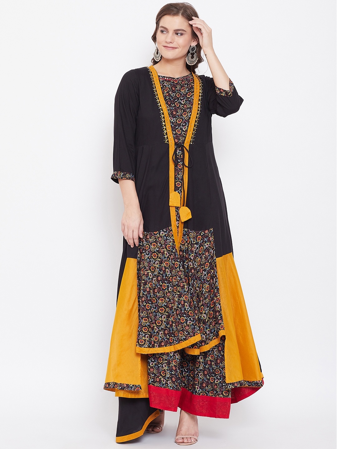 

Kurti's by Menka Women Black & Mustard Yellow Floral Printed Maxi Dress with Ethnic Jacket