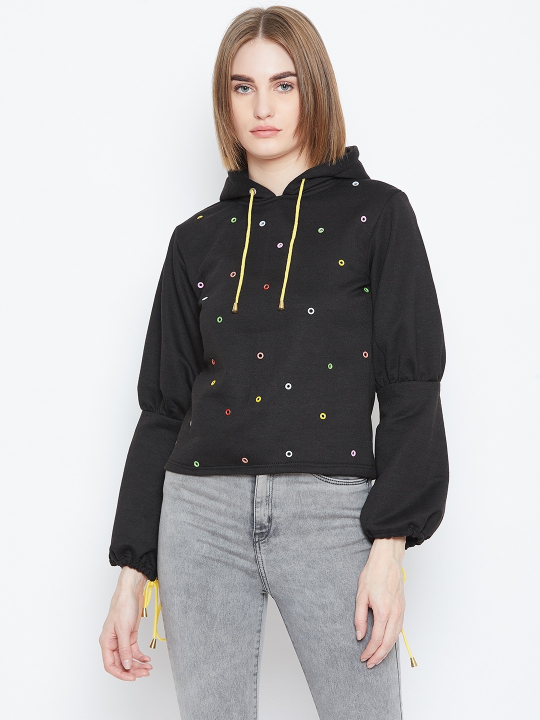 

Alsace Lorraine Paris Women Black Rivets Detail Hooded Sweatshirt