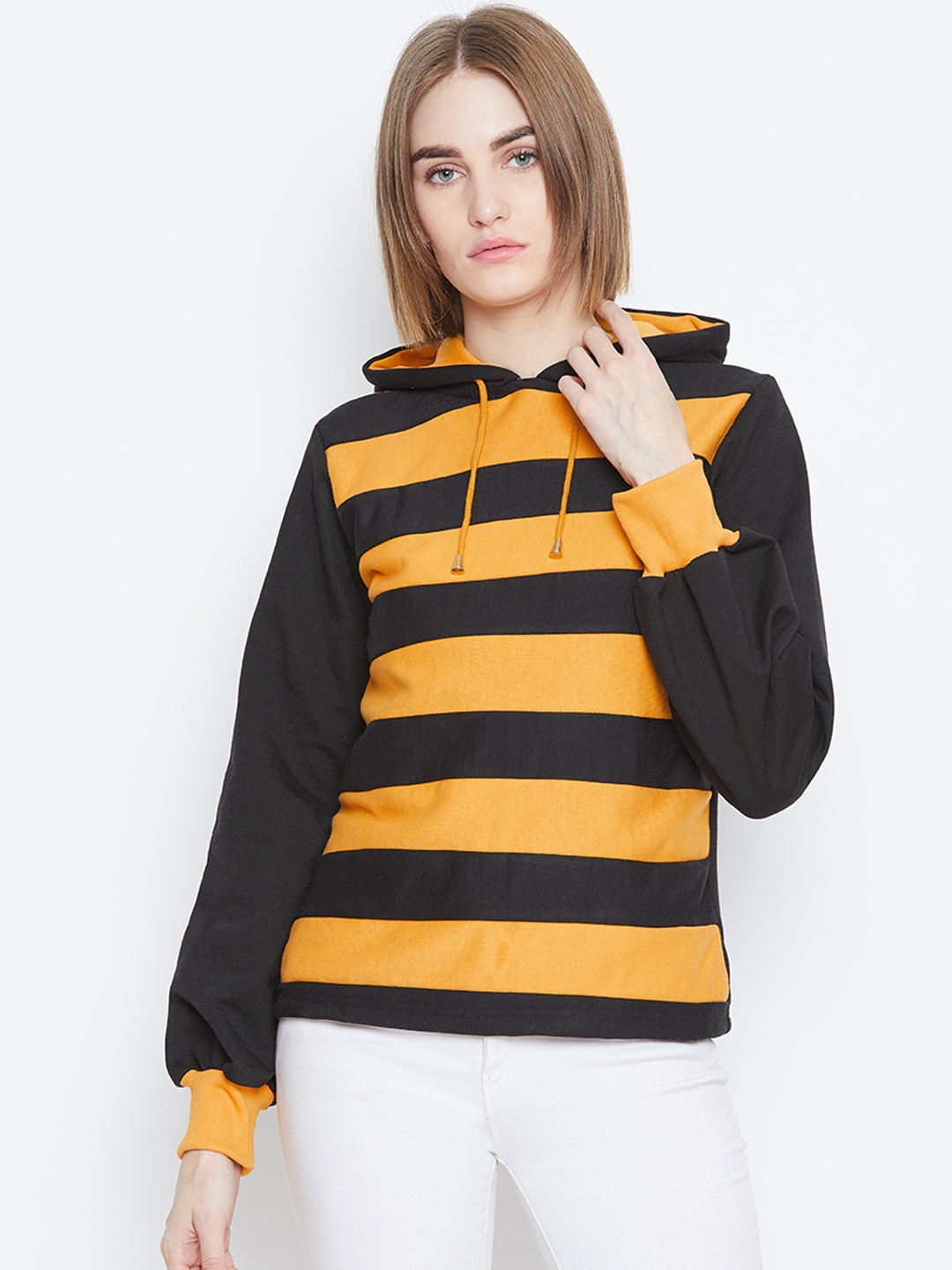 

Alsace Lorraine Paris Women Black & Yellow Striped Hooded Sweatshirt