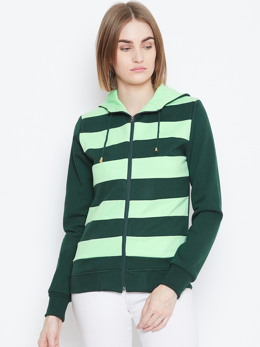 

Alsace Lorraine Paris Women Green Striped Hooded Sweatshirt
