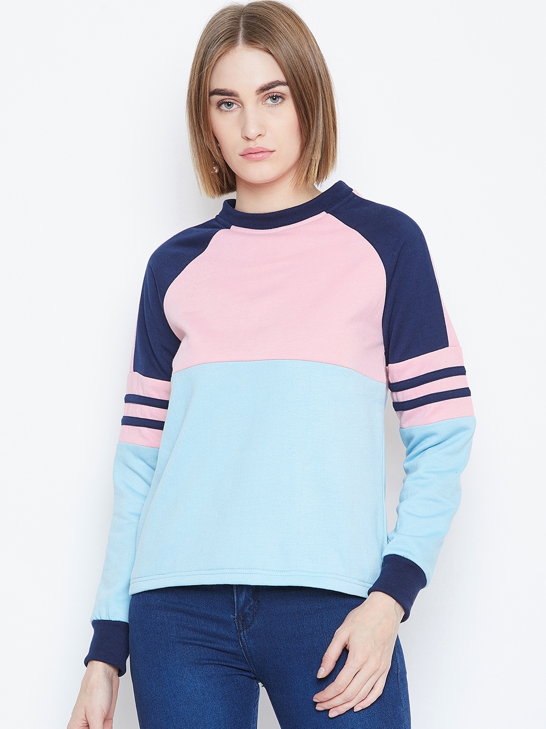 

Alsace Lorraine Paris Women Pink & Blue Colourblocked Sweatshirt