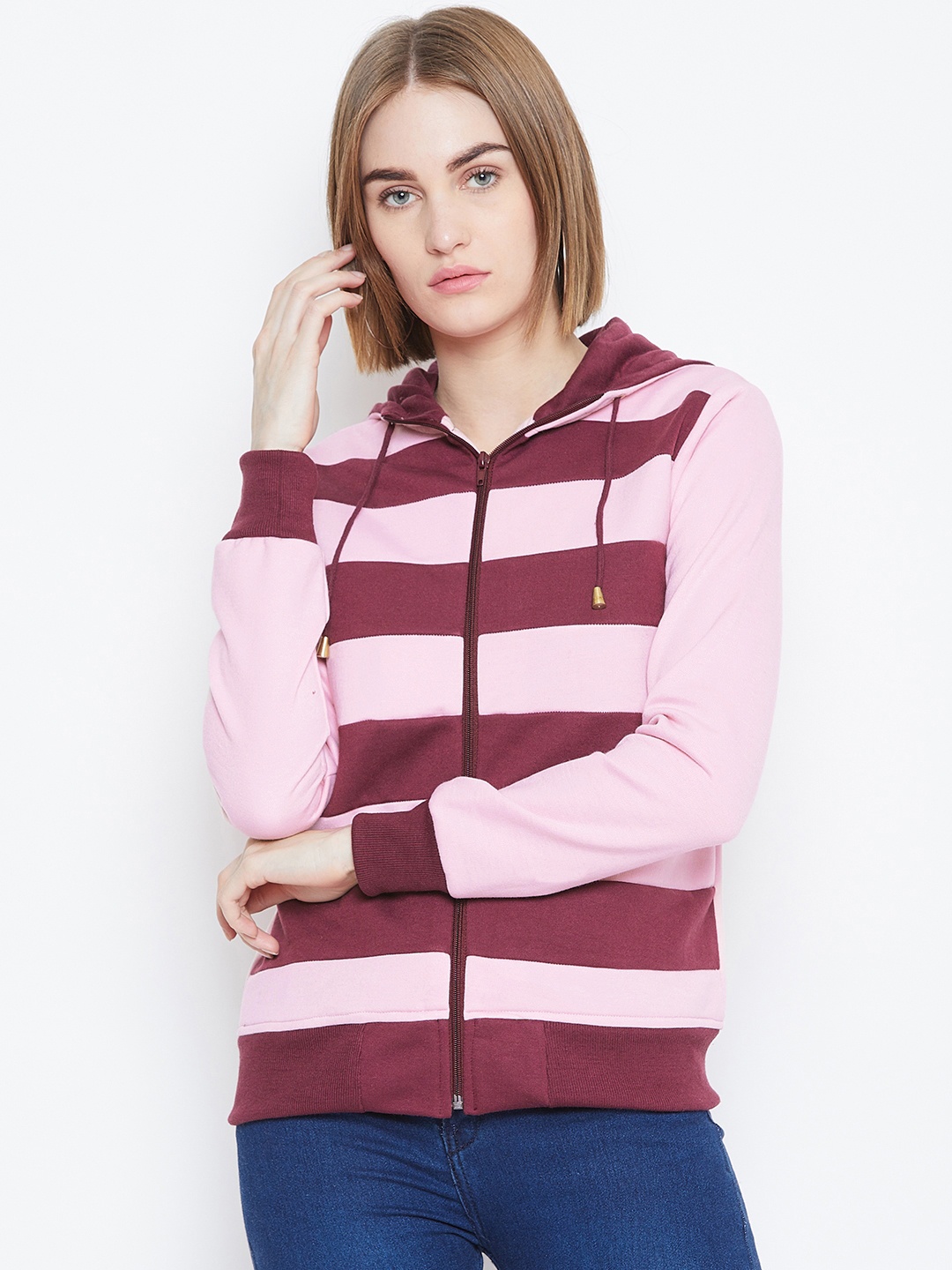 

Alsace Lorraine Paris Women Burgundy & Pink Striped Hooded Sweatshirt