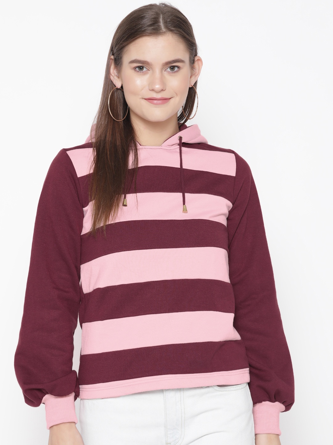 

Alsace Lorraine Paris Women Burgundy & Pink Striped Hooded Sweatshirt