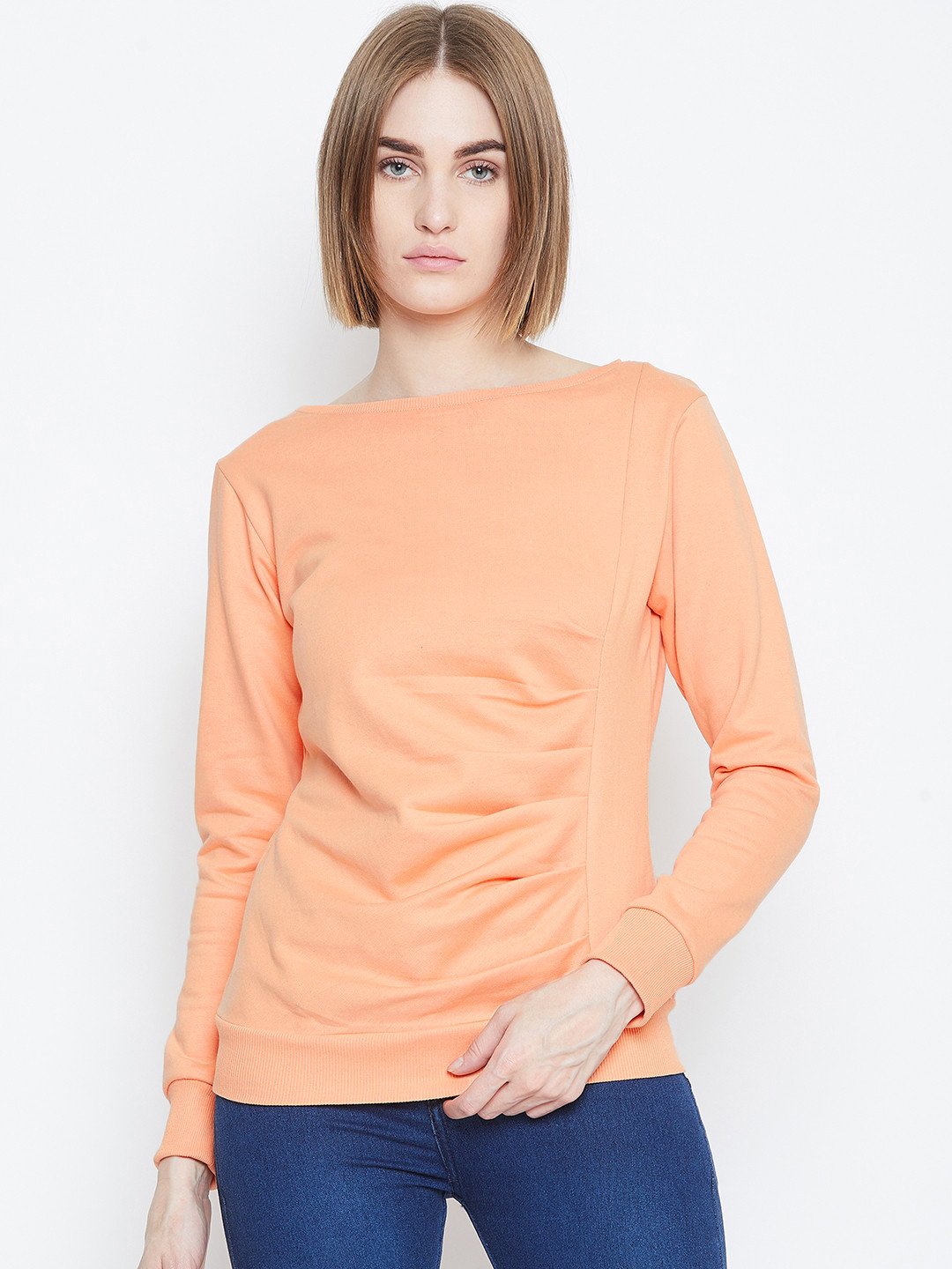 

Alsace Lorraine Paris Women Peach-Coloured Solid Ruched Sweatshirt
