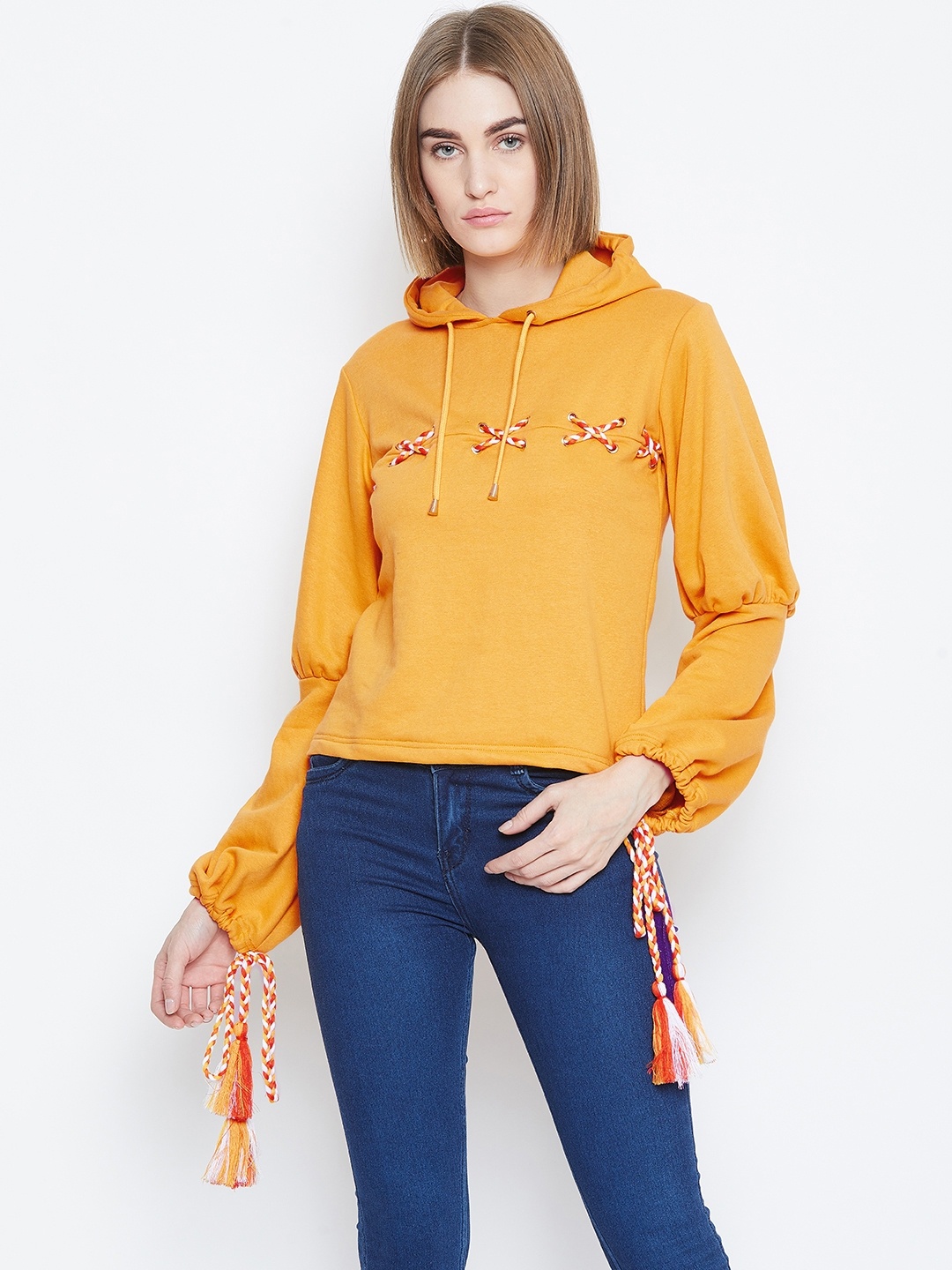 

Alsace Lorraine Paris Women Mustard Yellow Solid Hooded Sweatshirt