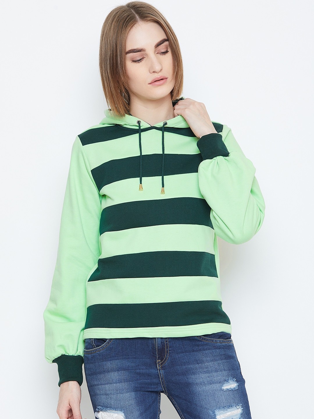 

Alsace Lorraine Paris Women Green Striped Hooded Sweatshirt
