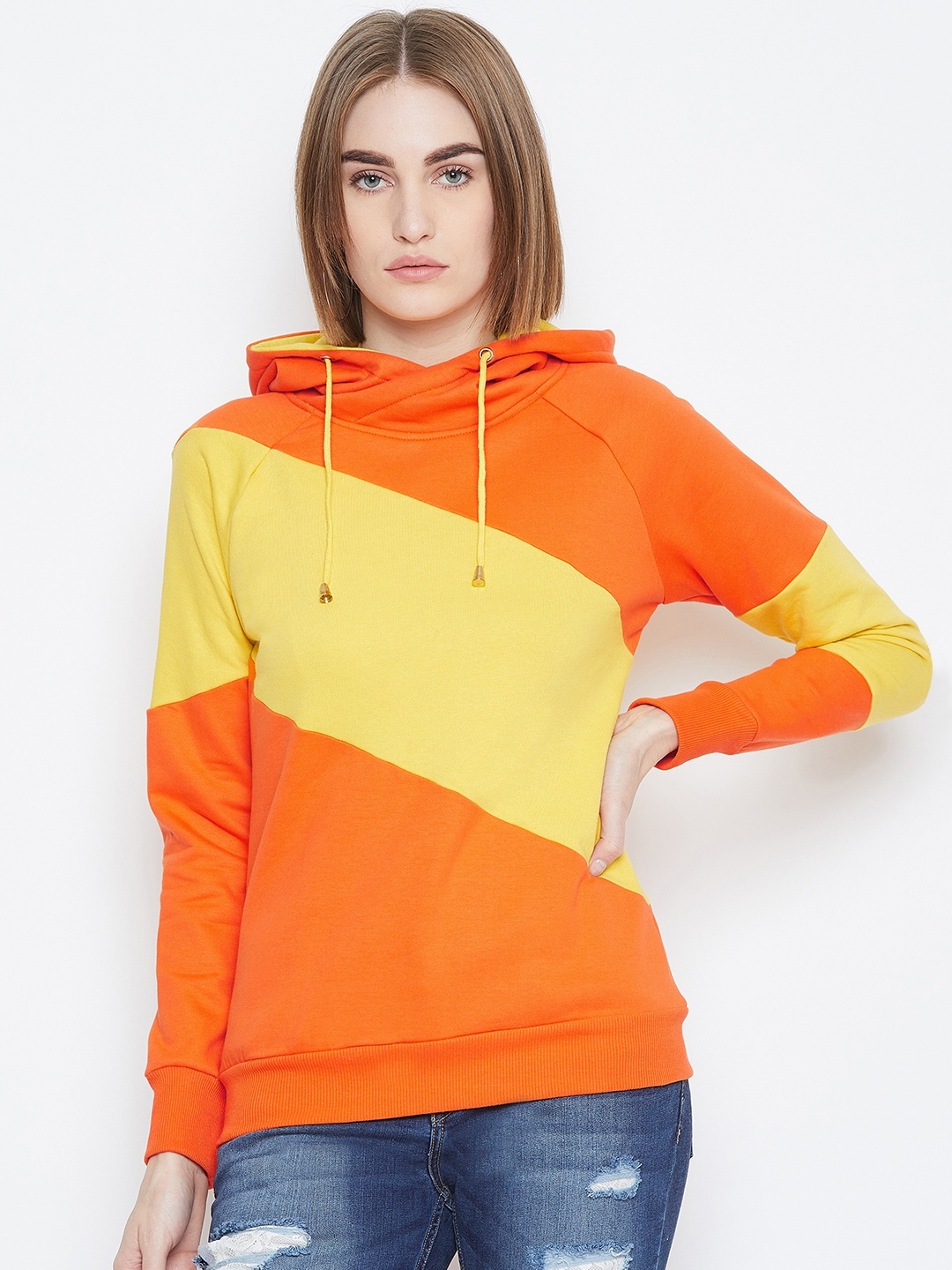 

Alsace Lorraine Paris Women Orange & Yellow Colourblocked Hooded Sweatshirt