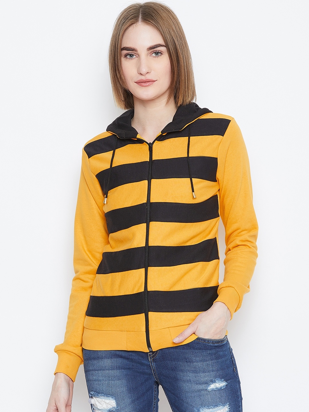

Alsace Lorraine Paris Women Black & Mustard Yellow Striped Hooded Sweatshirt