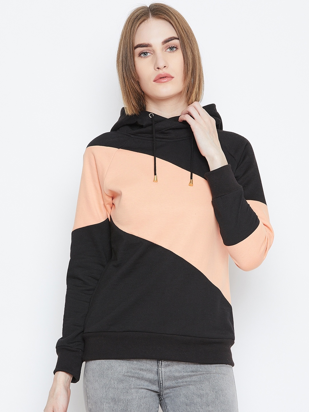 

Alsace Lorraine Paris Women Black & Peach-Coloured Colourblocked Hooded Sweatshirt