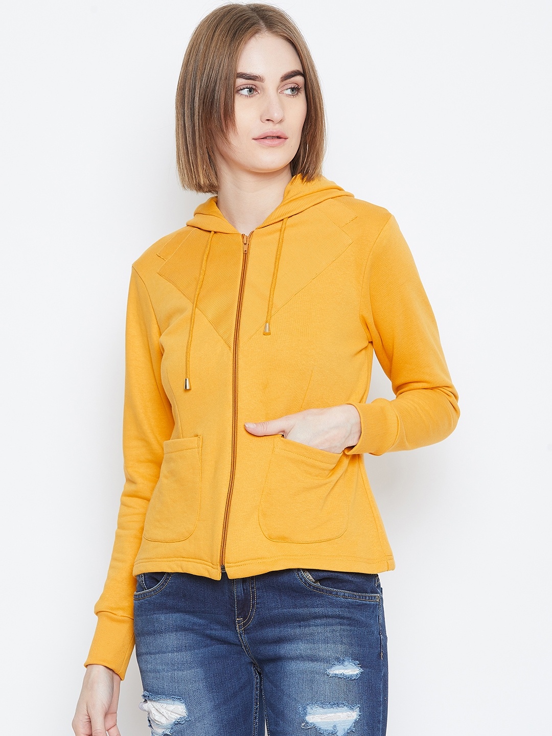 

Alsace Lorraine Paris Women Mustard Yellow Solid Hooded Sweatshirt