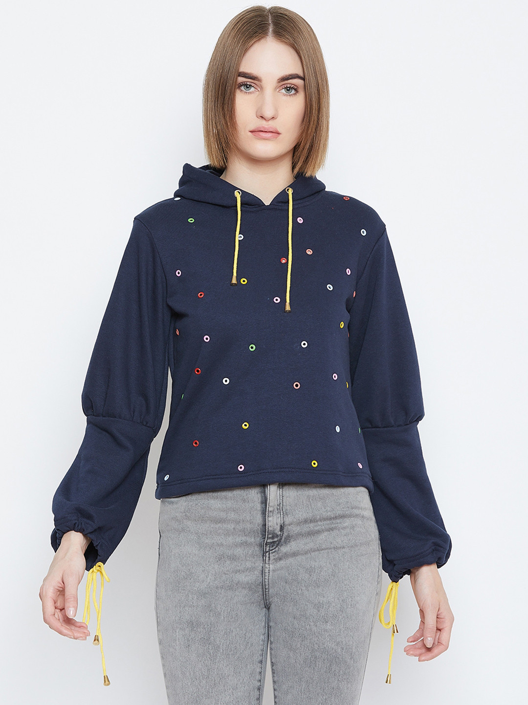 

Alsace Lorraine Paris Women Navy Blue Embellished Hooded Sweatshirt