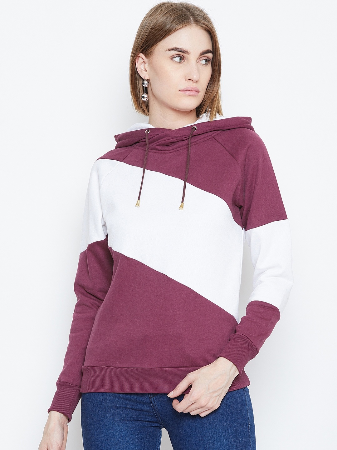 

Alsace Lorraine Paris Women Purple & White Colourblocked Hooded Sweatshirt