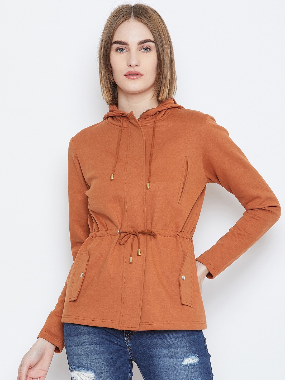 

Alsace Lorraine Paris Women Rust Orange Solid Hooded Sweatshirt