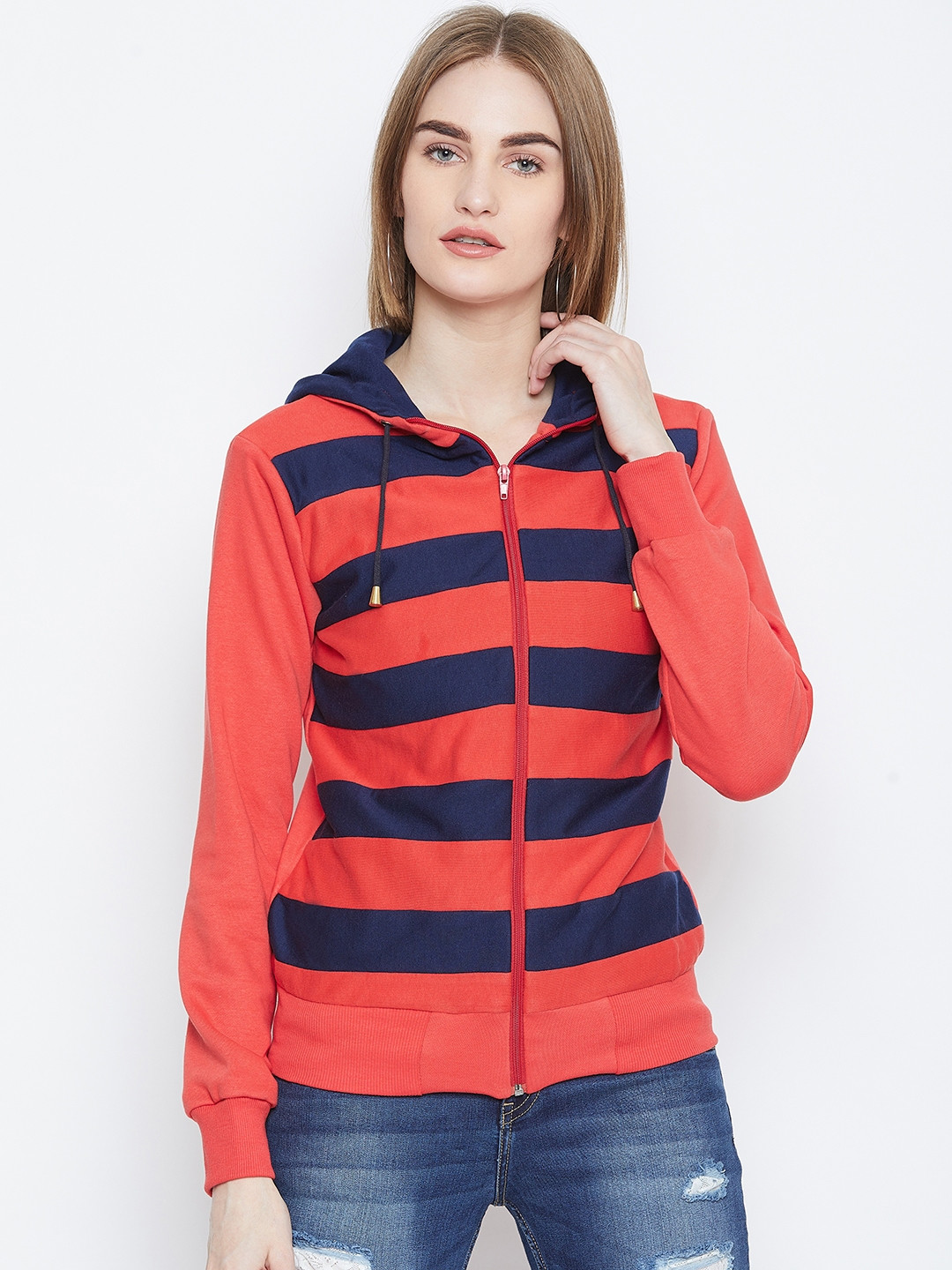 

Alsace Lorraine Paris Women Coral Red & Navy Blue Striped Hooded Sweatshirt