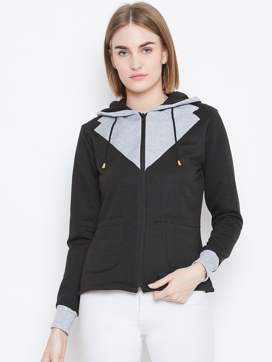 

Alsace Lorraine Paris Women Black & Grey Melange Colourblocked Hooded Sweatshirt