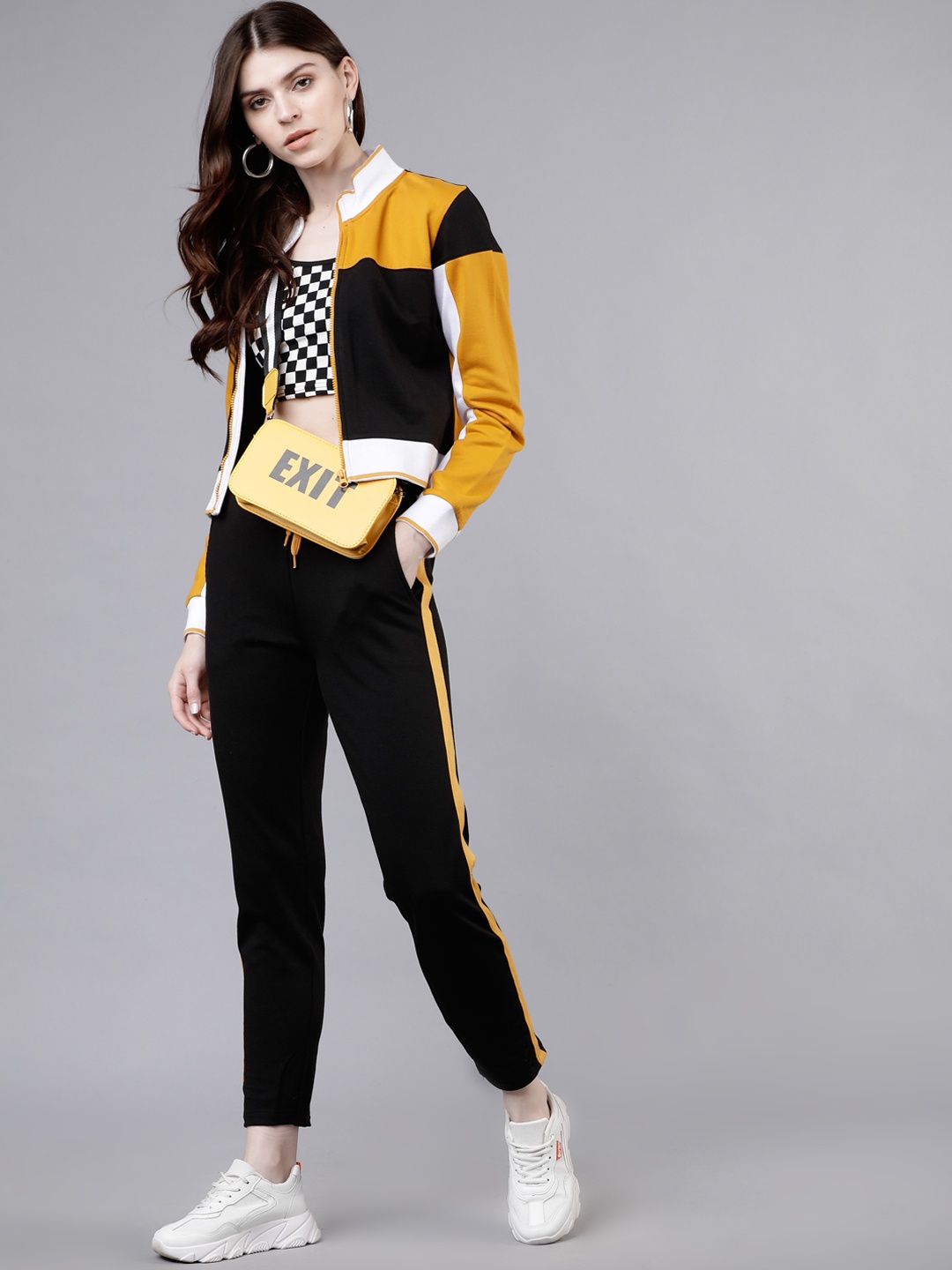 

Tokyo Talkies Women Mustard Yellow & Black Colourblocked Crop Sweatshirt