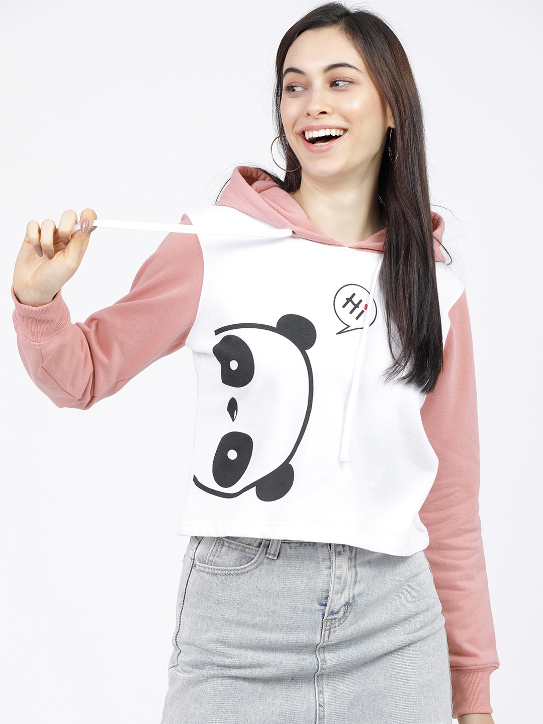 

Tokyo Talkies Women Pink & White Printed Hooded Sweatshirt