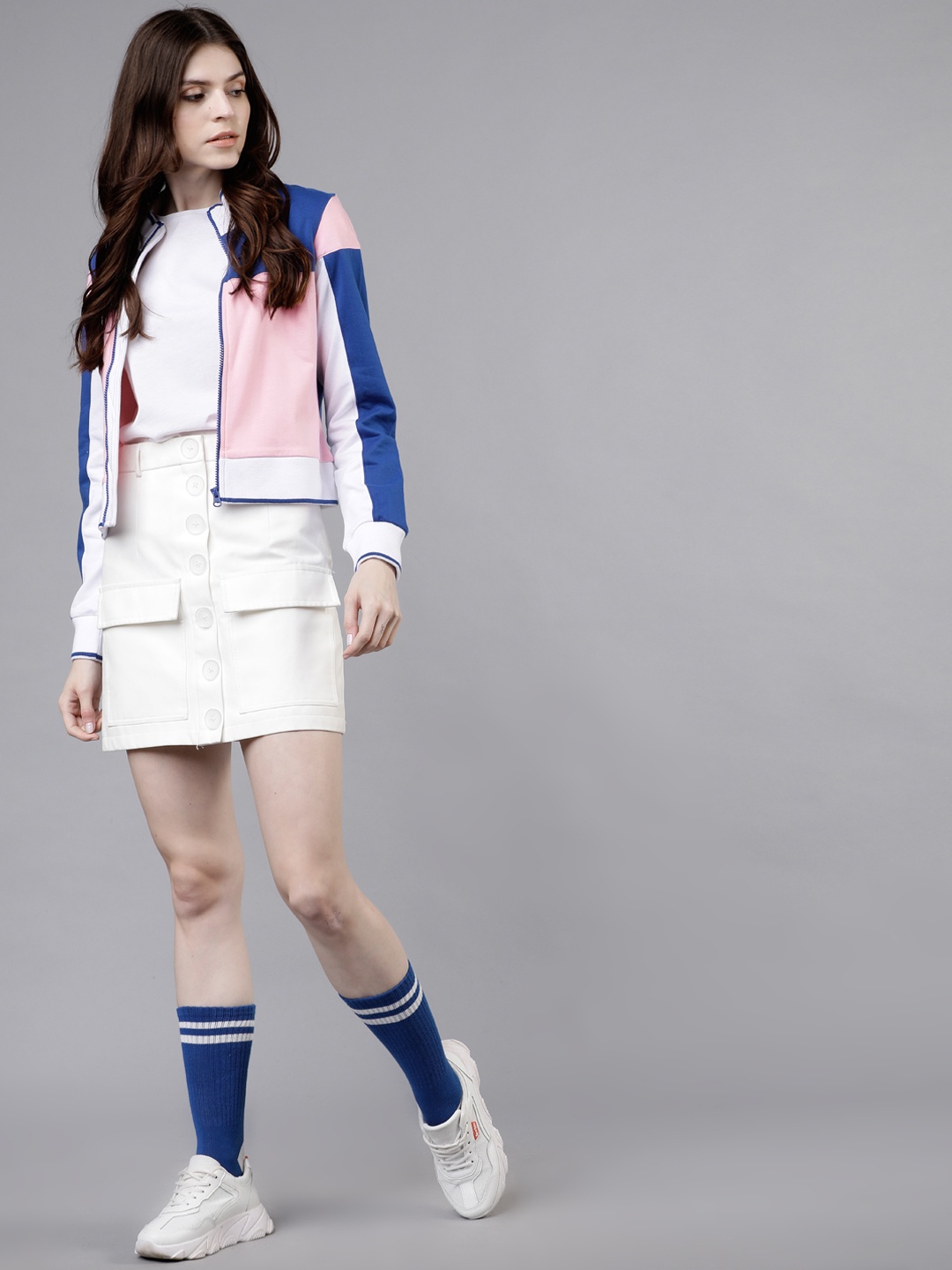 

Tokyo Talkies Women Blue & Pink Colourblocked Crop Sweatshirt