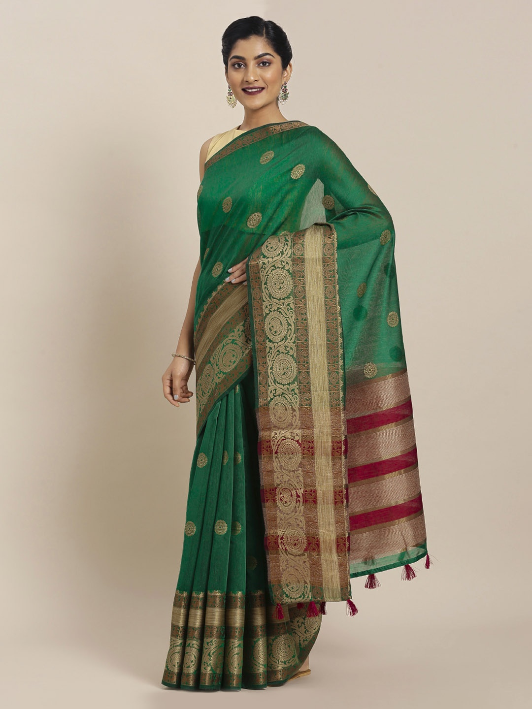 

Mitera Green Silk Blend Woven Design Chanderi Saree