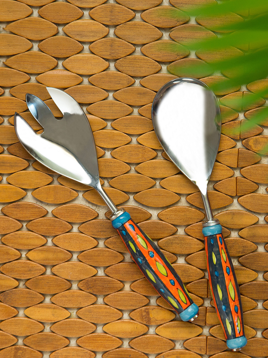 

ExclusiveLane Set of 2 Hand-Painted Stainless Steel & Ceramic Serving Spoon & Fork Set, Silver