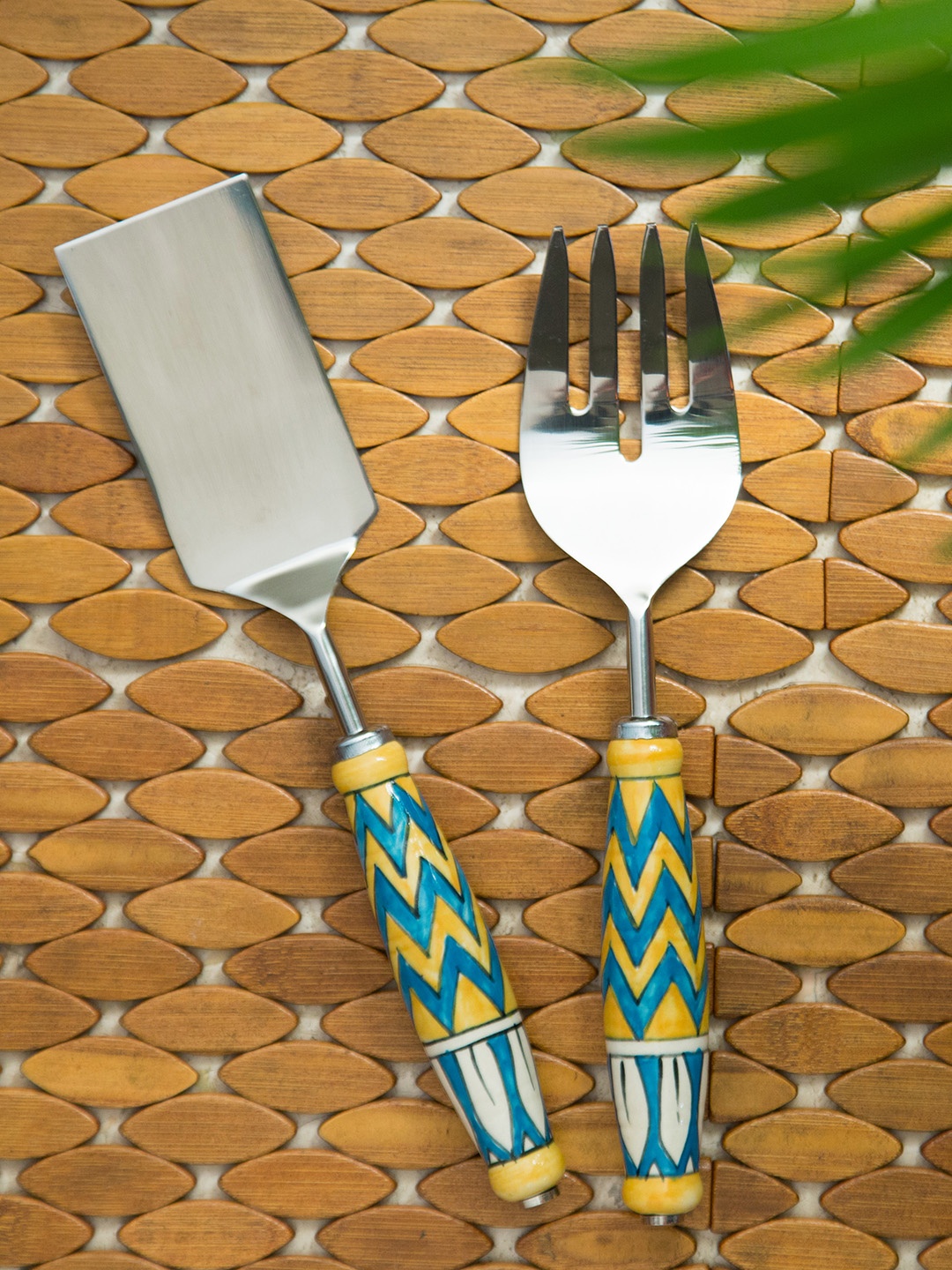 

ExclusiveLane Set of 2 The Mughal Paich Daar Stainless Steel&Ceramic Serving Fork Scraper, Silver