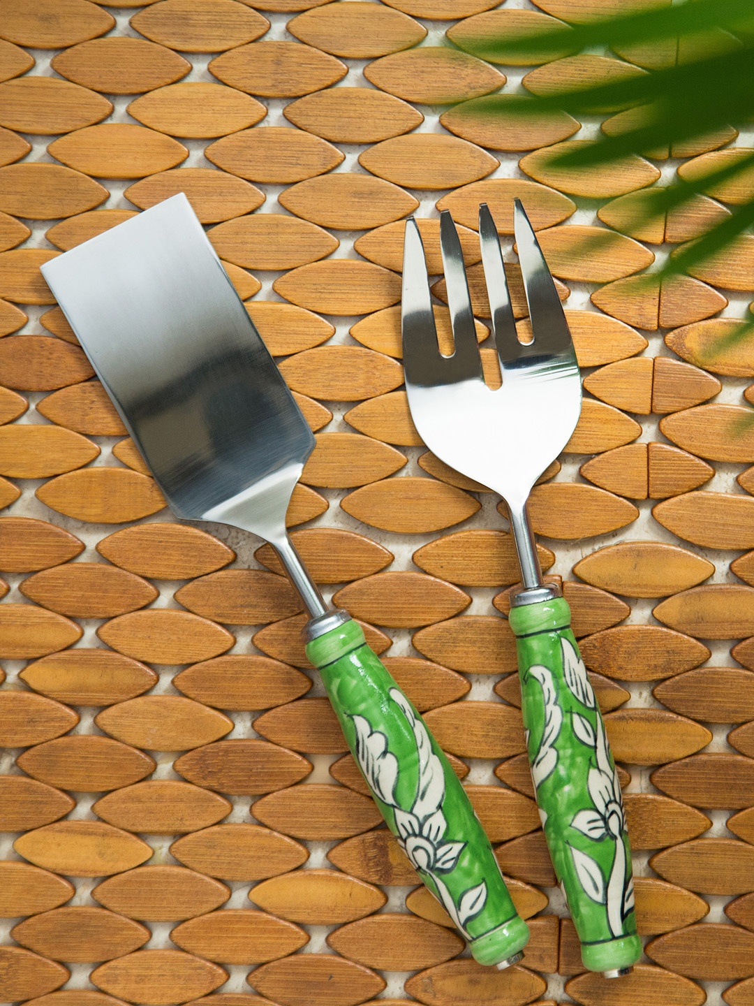 

ExclusiveLane Set of 2 The Mughal Zahri Stainless Steel & Ceramic Serving Fork Scraper, Silver