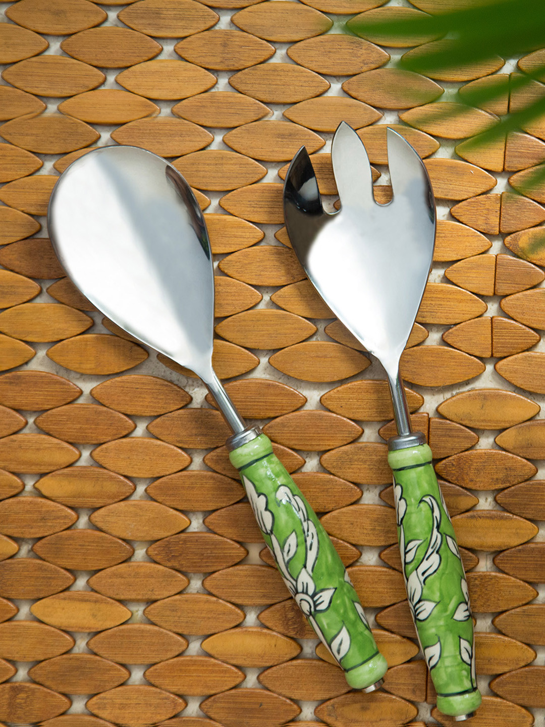

ExclusiveLane 2 Pieces The Mughal Zahri Hand-Painted Serving Spoon & Fork Set, Silver
