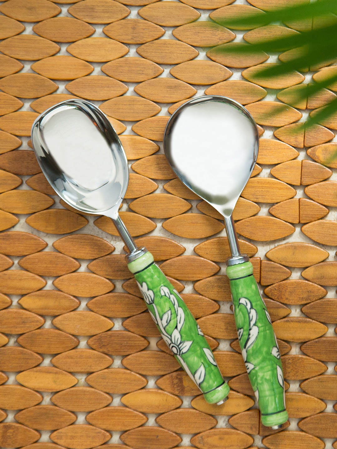 

ExclusiveLane Set of 2 The Mughal Zahri Hand-Painted Stainless Steel Ceramic Spoon Set, Silver