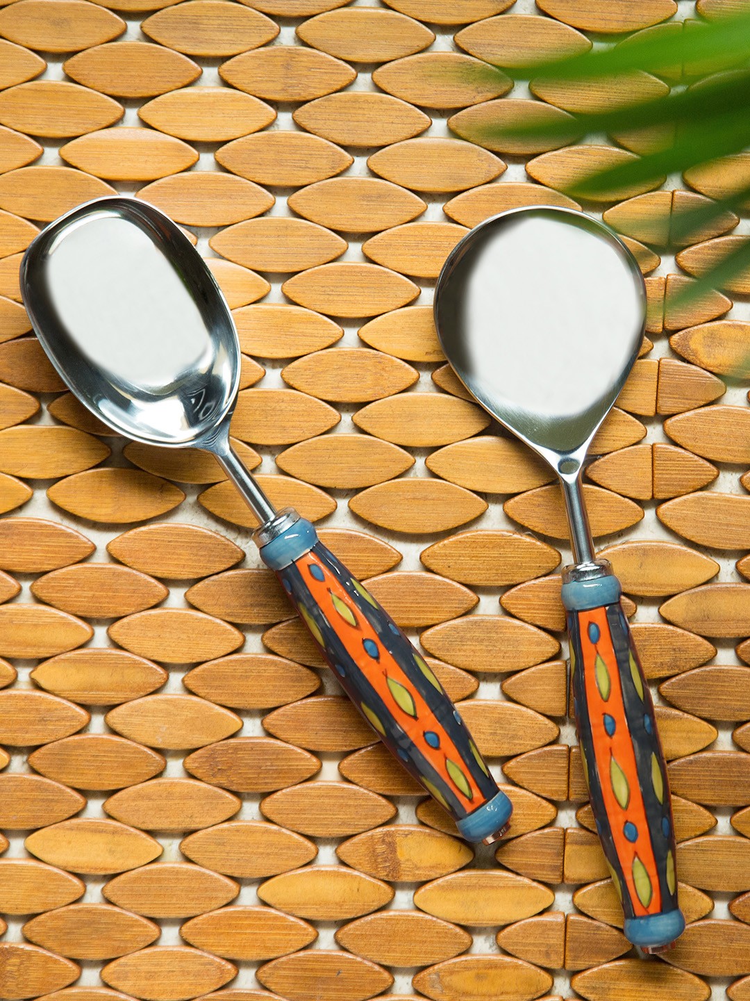 

ExclusiveLane Set of 2 Hand-Painted Stainless Steel & Ceramic Serving Spoon Set, Silver