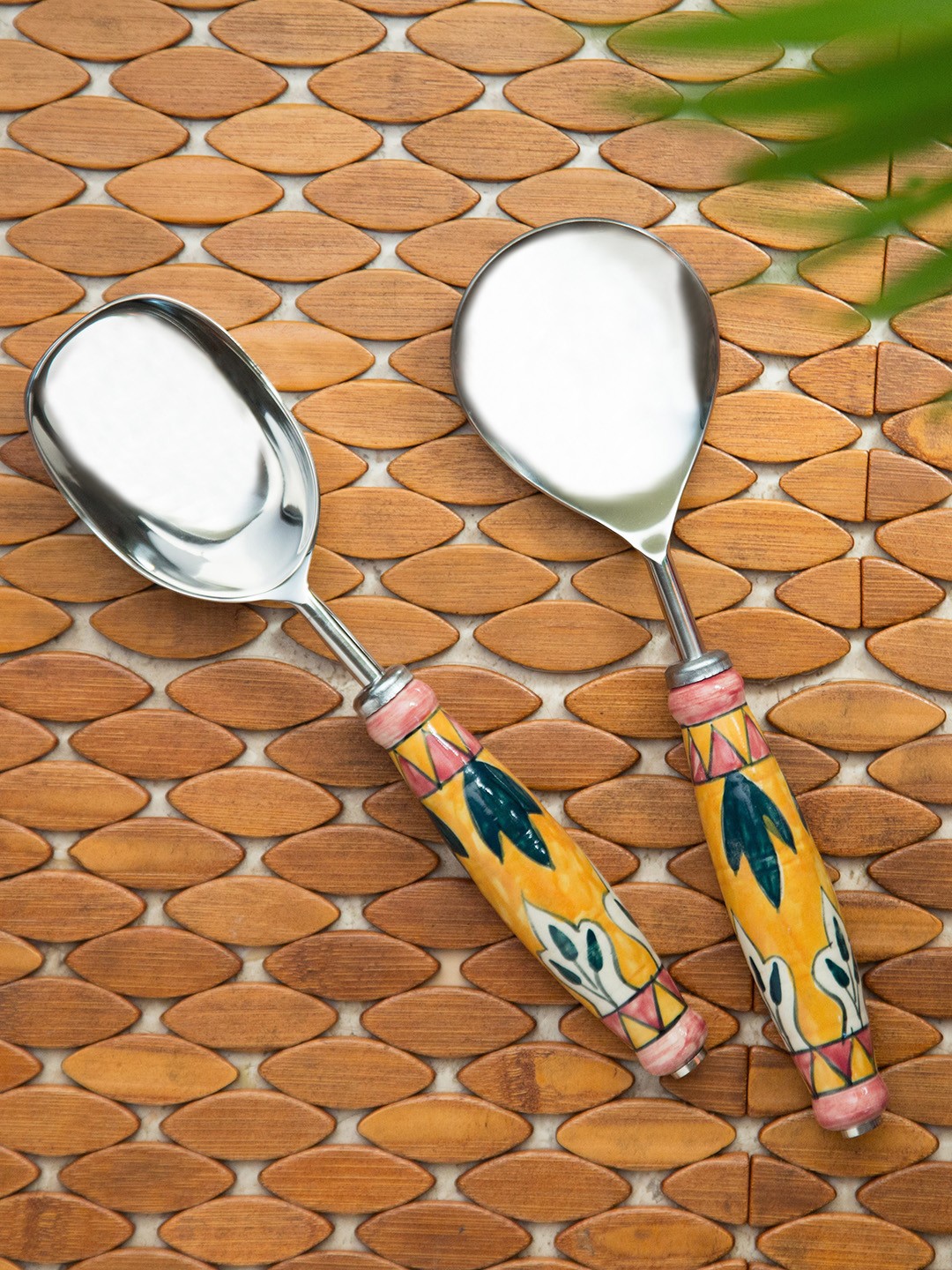 

ExclusiveLane Set of 2 The Mughal Patti Hand-Painted Serving Spoon Set, Silver
