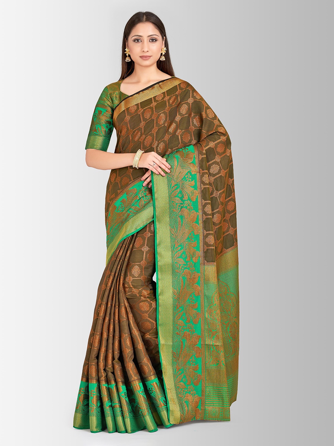 

MIMOSA Olive Green & Copper-Coloured Art Silk Woven Design Kanjeevaram Saree