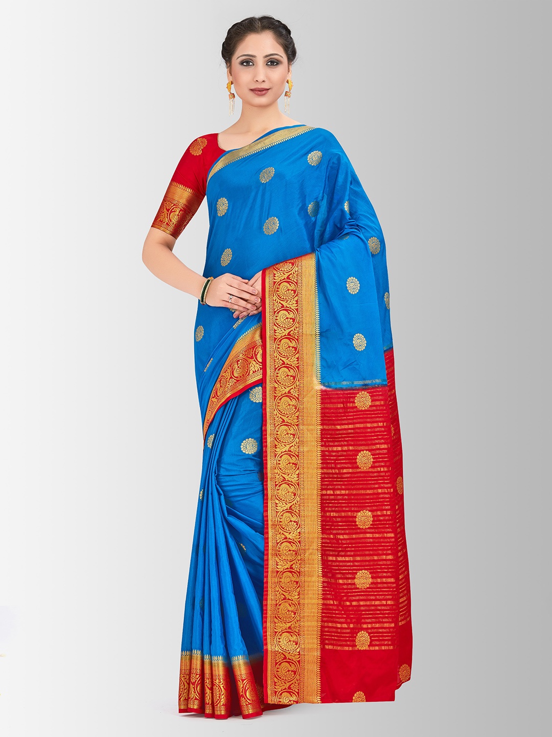 

MIMOSA Blue & Red Poly Crepe Woven Design Mysore Silk Saree