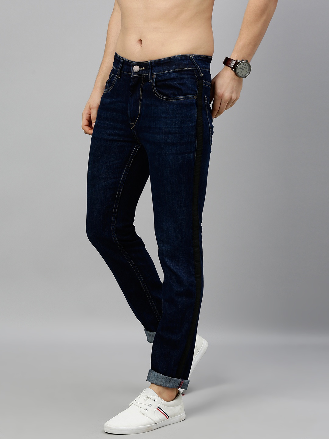 

HERE&NOW Men Blue Slim Fit Mid-Rise Clean Look Stretchable Jeans with Side Stripes