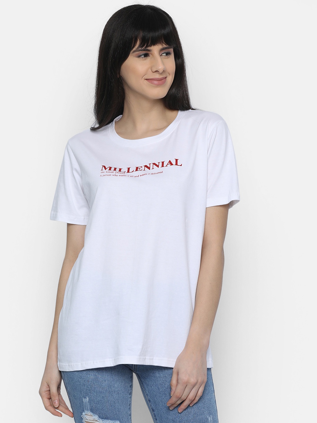 

ISU Women White Printed Round Neck T-shirt