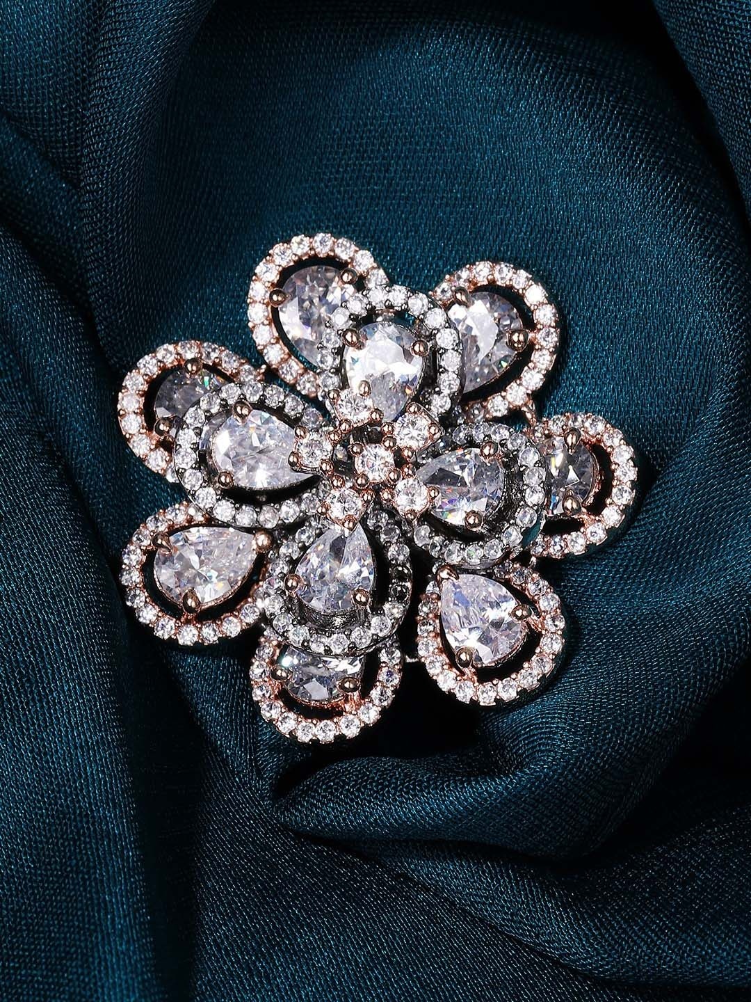 

Rubans Women Silver-Toned & Rose Gold-Toned CZ Studded Statement Ring