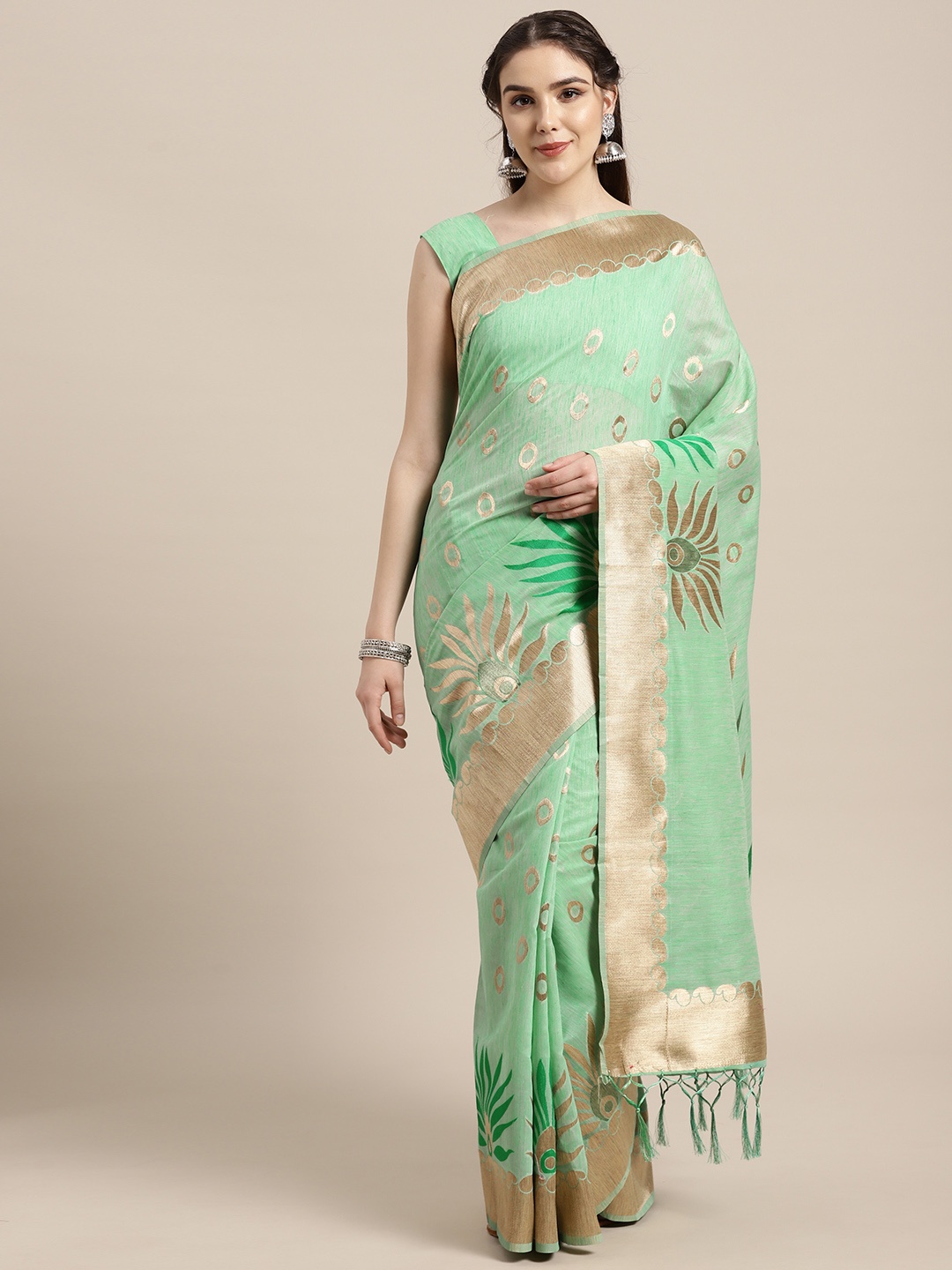 

Saree mall Green & Golden Woven Design Saree