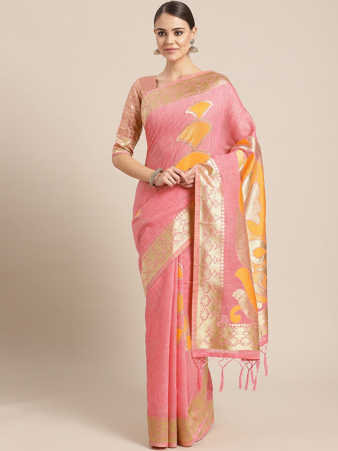 

Saree mall Pink & Orange Woven Design Saree