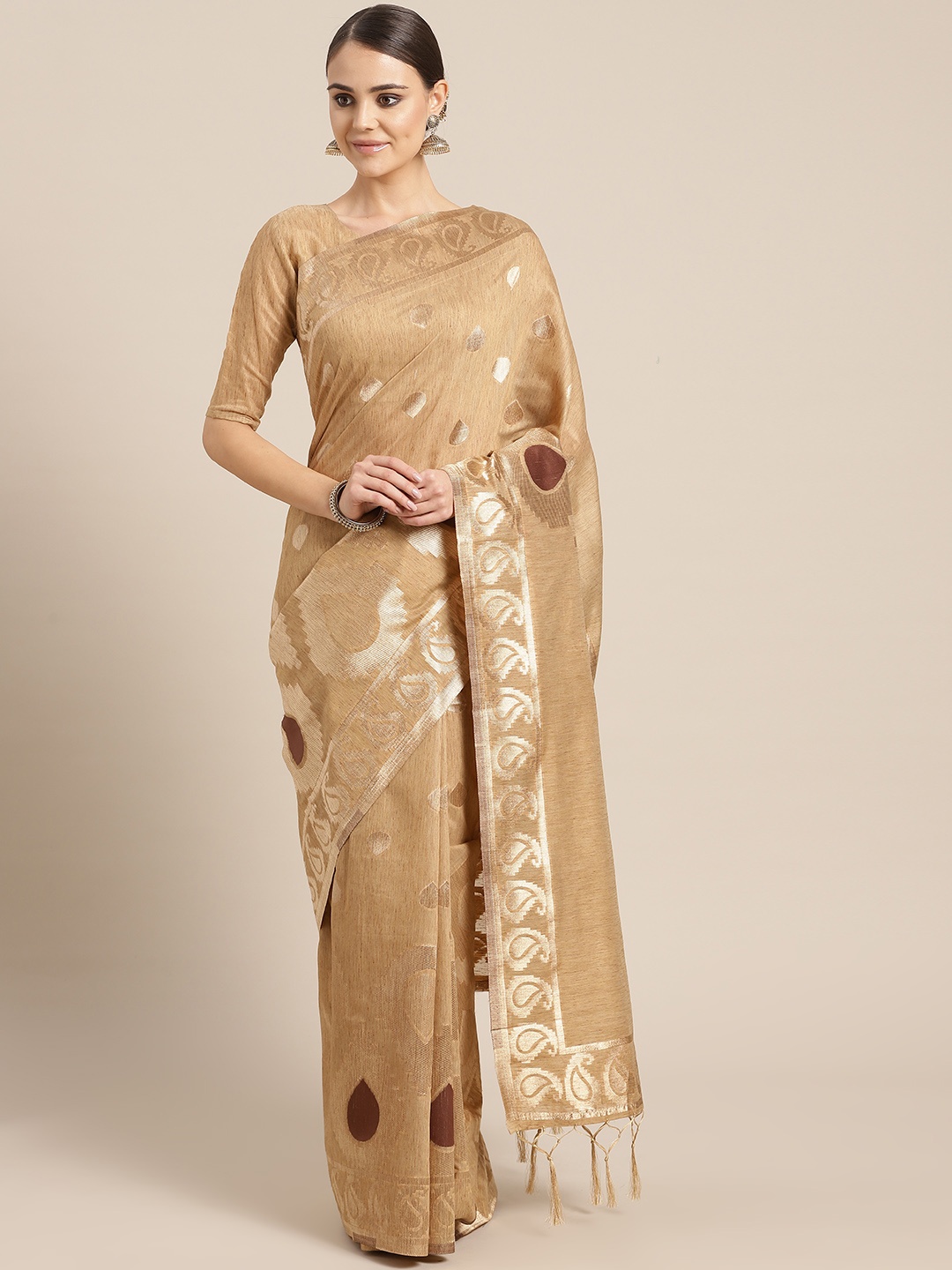 

Saree mall Beige & Golden Woven Design Saree