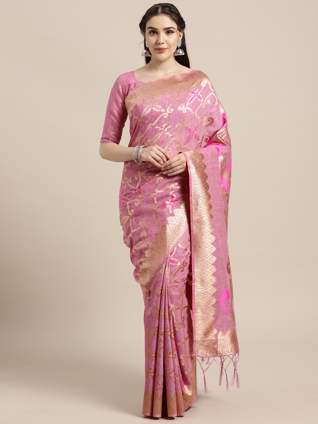 

Saree mall Pink & Golden Woven Design Saree