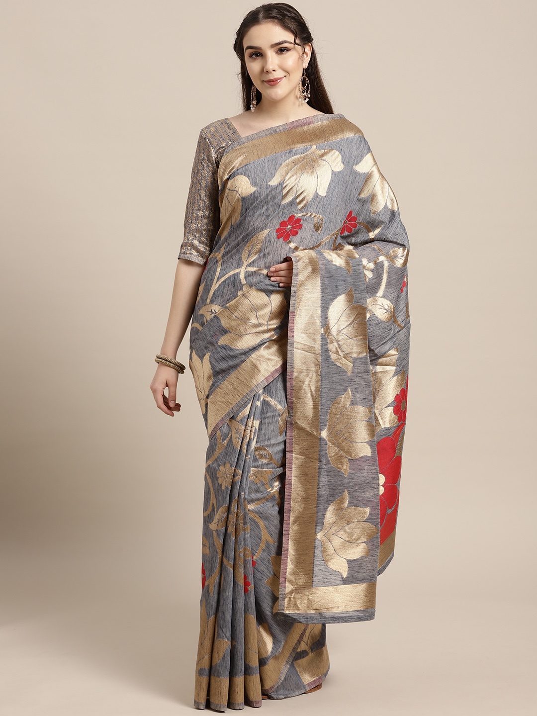 

Saree mall Grey & Golden Woven Design Saree