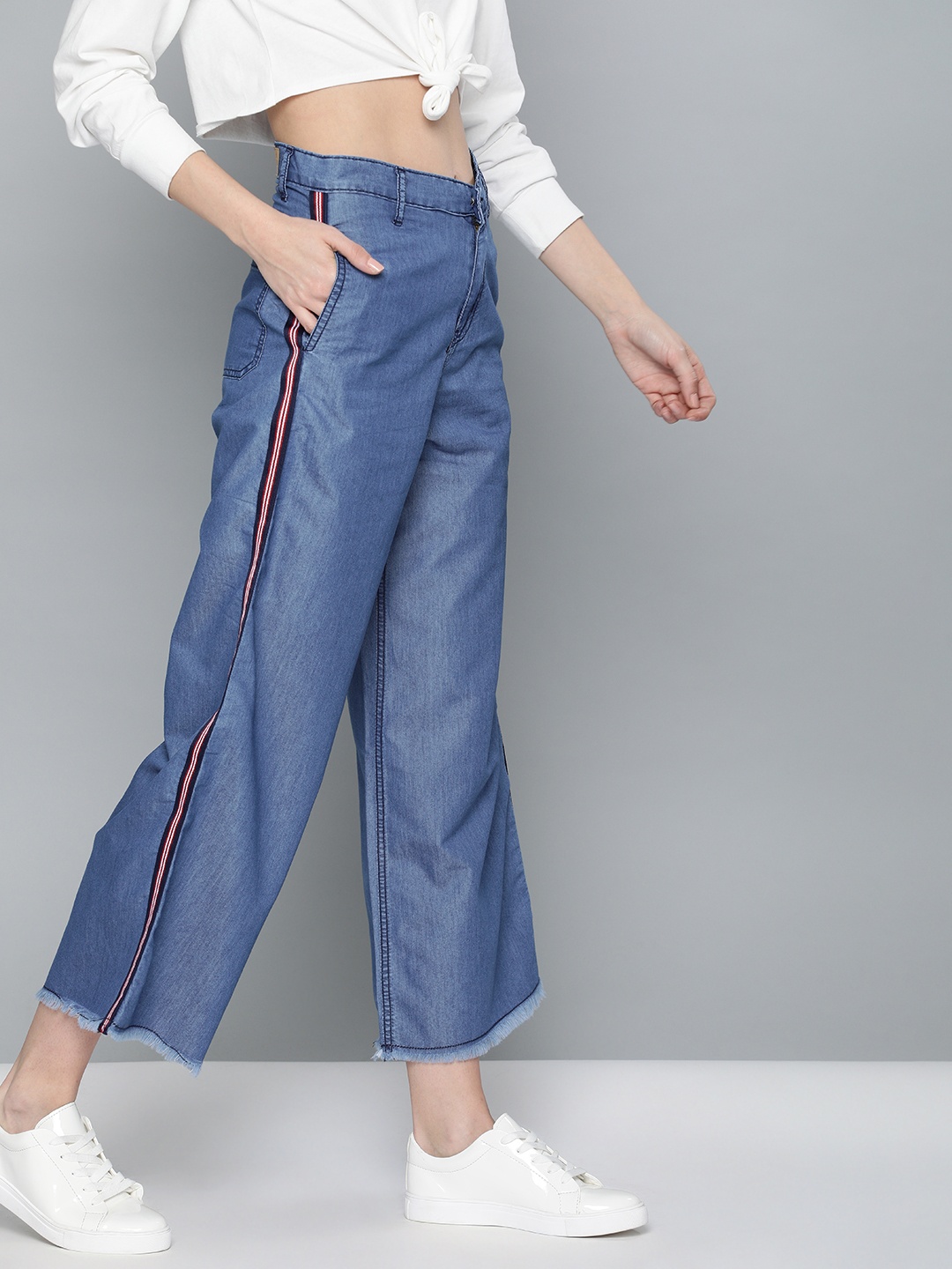 

High Star Women Blue Flared Solid Cropped Palazzos